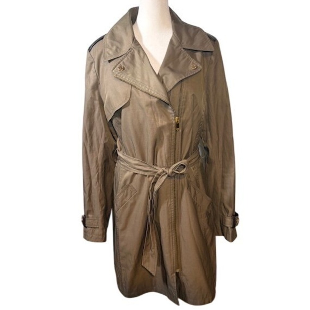 Via Spiga Asymmetrical Zip Trench‎ Coat Large Faux Leather Trim Sage Green Belt
